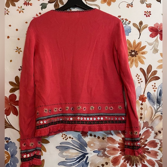 Icelandic Design M Coral Pink Red Floral Embroidered Sequin Full Zip Cardigan - Picture 2 of 13